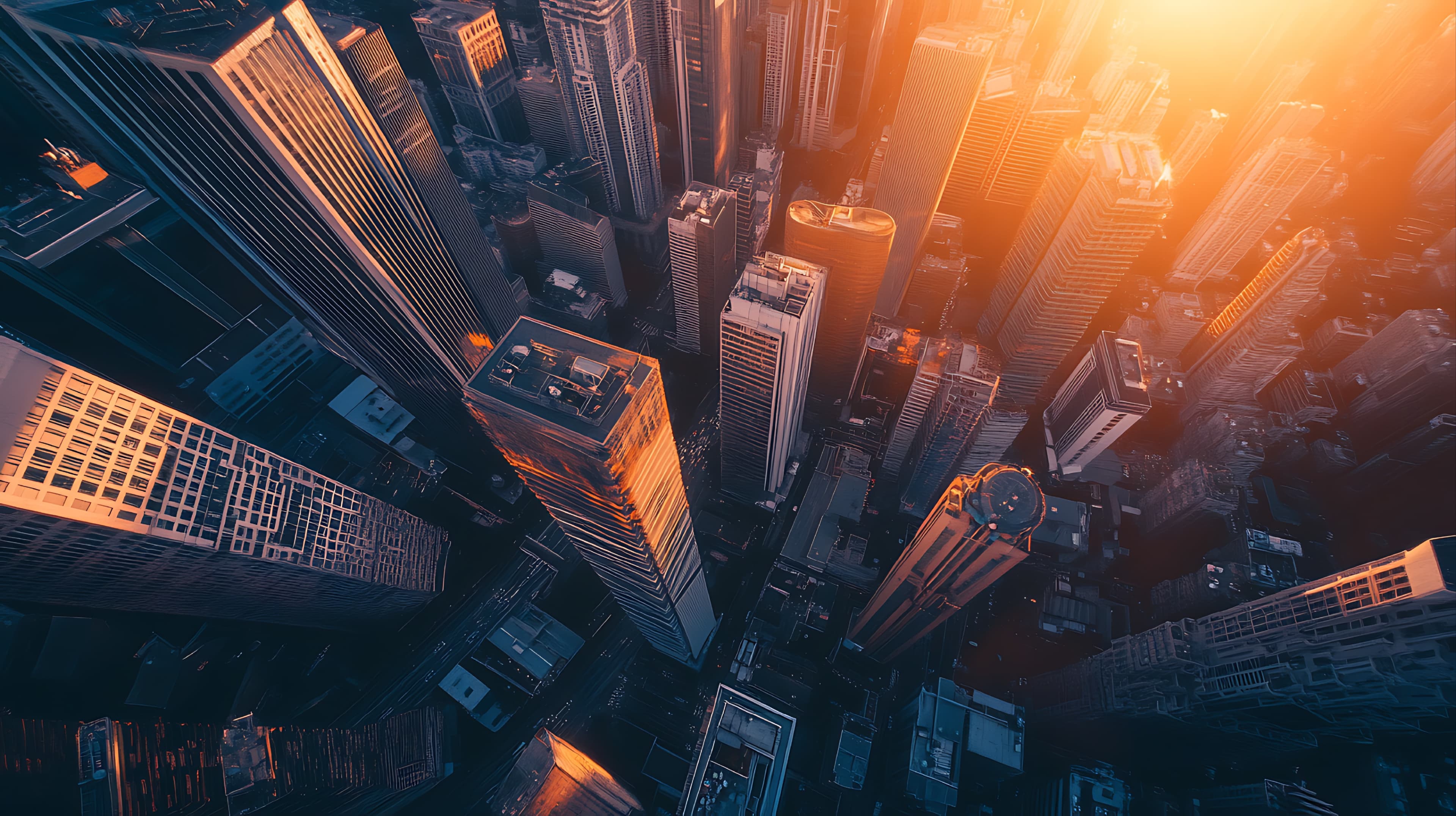 Skyscrapers viewed from below at sunset
