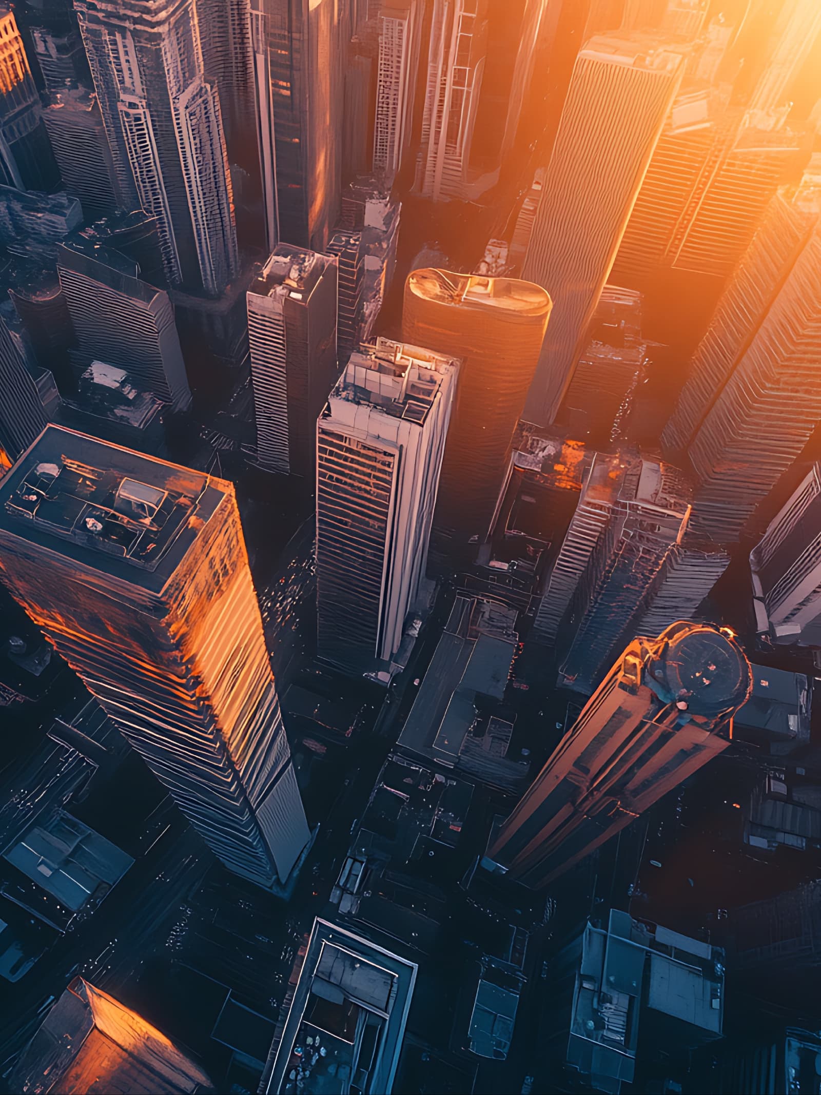 Skyscrapers viewed from below at sunset